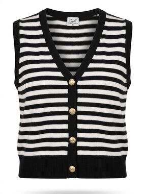 Cielo Black and White Striped Sleeveless Button Vest